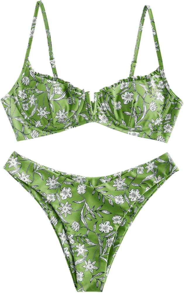 Women’s Floral Print Push-up V-Wire Lettuce Bikini Set High Cut Spaghetti Straps Knotted Back P... | Amazon (US)