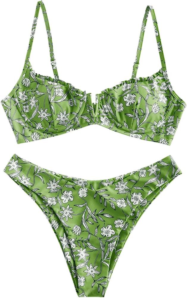 Women’s Floral Print Push-up V-Wire Lettuce Bikini Set High Cut Spaghetti Straps Knotted Back P... | Amazon (US)