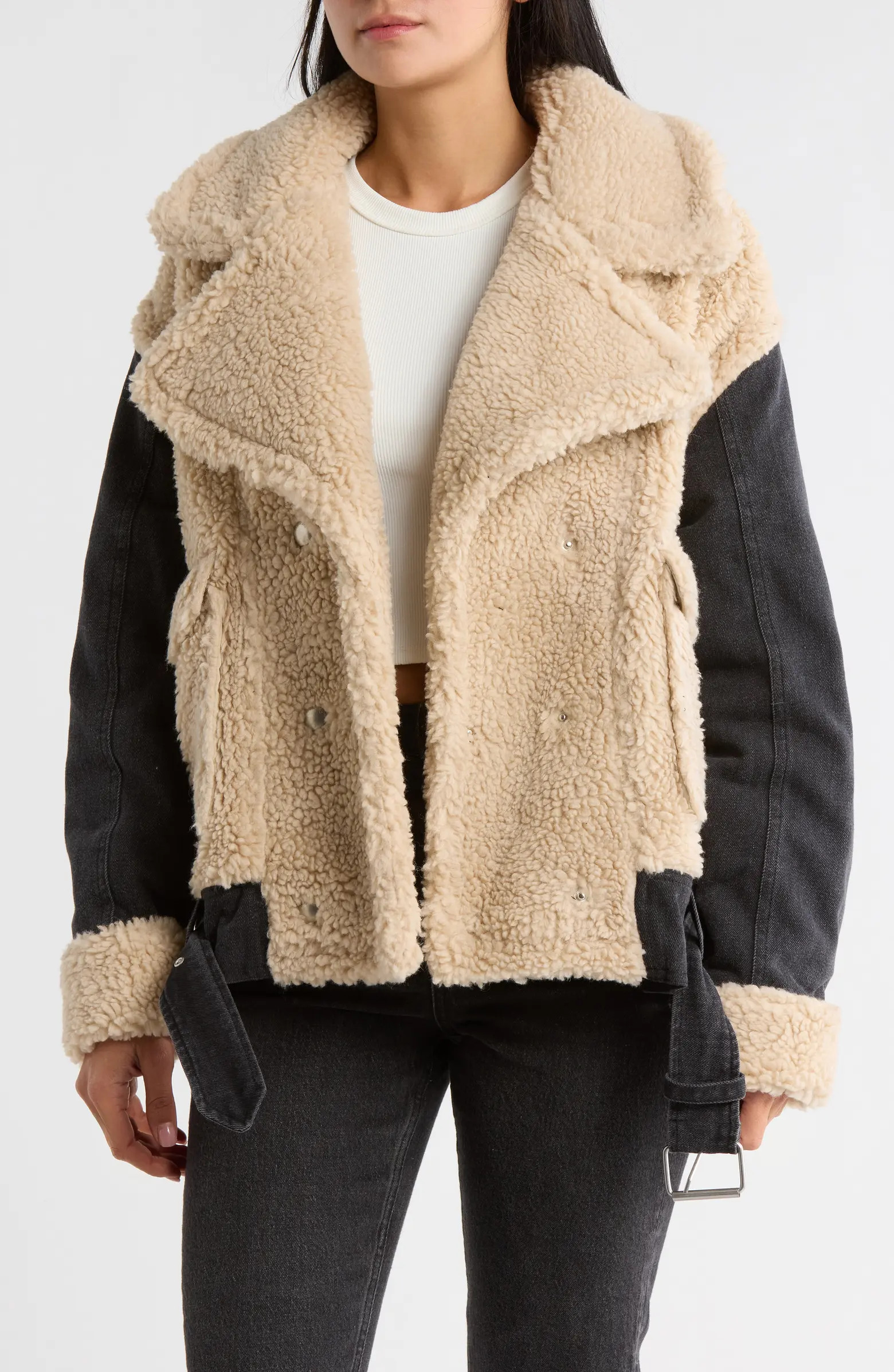 Oversize Faux Shearling & Black Denim Jacket | Nordstrom Rack