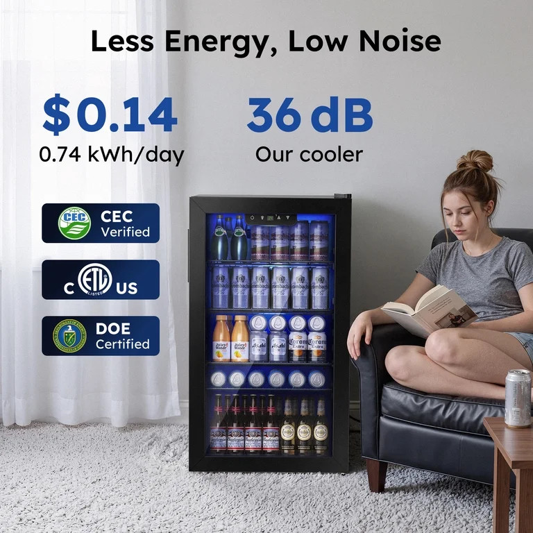 Simzlife 130 Can Beverage Refrigerator with Glass Door for Home, 17.3 in D, 31.3 in H, Black | Walmart (US)