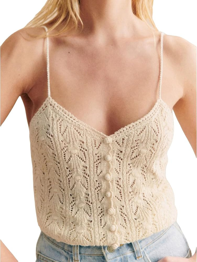 Women's Summer Knit Tank Tops Sleeveless Crochet Cami Tops Fashion V Neck Button Up Knitwear Cami... | Amazon (US)