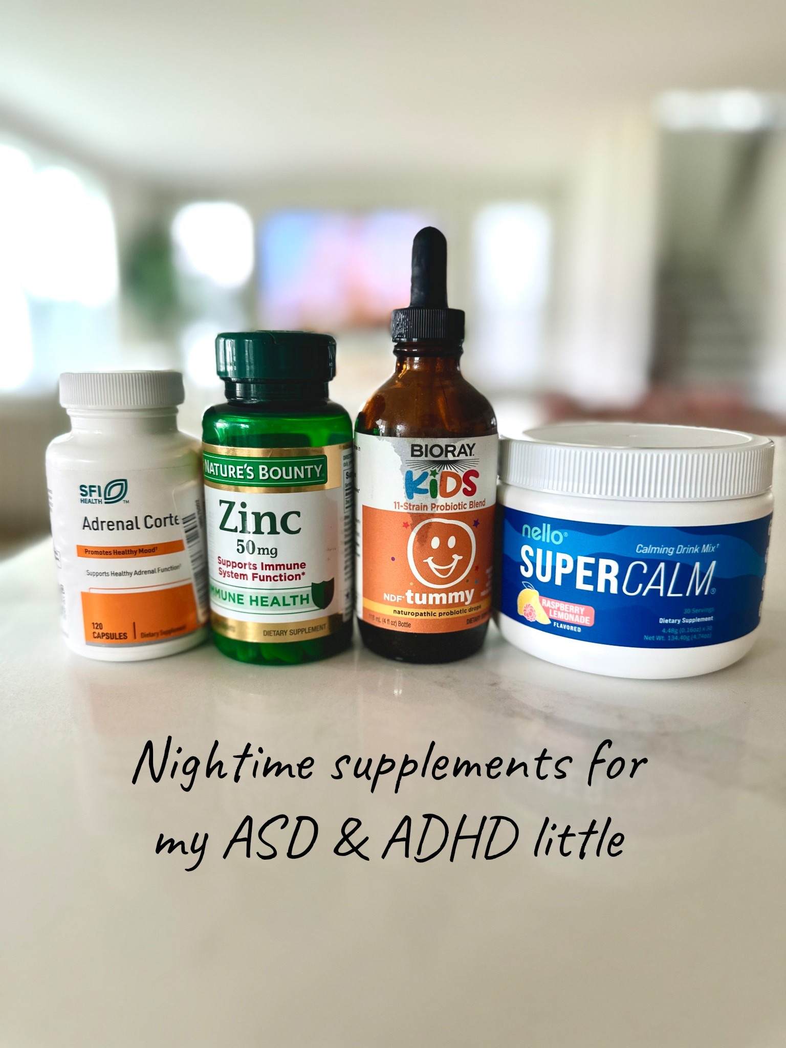 Nighttime supplement routine for my son 🤍

At night, our focus is calming his body and supporting his nervous system. This combo has been really helpful for that—especially the zinc and adrenal cortex for mood support and helping with more intense stimming.

I never try to stop stimming, but I do try to support him in ways that keep him safe and comfortable. This has made a big difference for us.

We still include a probiotic, and I mix everything together with a little water to make it easy. I add just a small amount of Super Calm at night mainly to give it some flavor so it’s not just… let’s be real… questionable tasting 😂

Just sharing what’s been working for us 💛 I’m not a doctor, so always check with your child’s provider before trying anything new

#autismmomlife #adhdsupport #nighttimeroutine #nervoussystemsupport #momsoftiktok #realmomlife