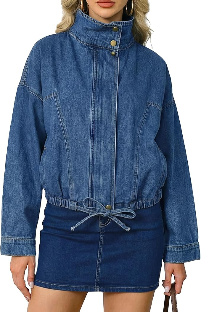 Women's Oversized Jean Jacket Boyfriend Denim Bomber Jackets Shacket Long Sleeve Casual Trendy Zi... | Amazon (US)