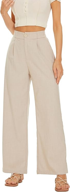 FUNYYZO Women Wide Leg High Waist Linen Pants Back Elastic Waist Work Casual Trousers | Amazon (US)