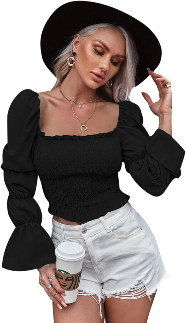 Romwe Women's Square Neck Puff Sleeve Frill Trim Shirred Ruched Crop Blouse Top | Amazon (US)