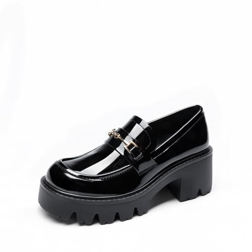 Women Loafers Platform Chunky Heel Slip On Lug Sole Casual Dressy Office Business Shoes,Size 7.5,Black-Pat,DWUMLS2534 | Amazon (US)