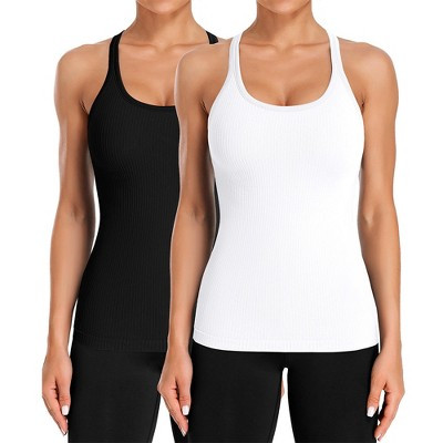 Attraco 2 Pack Ribbed Workout Tank Top with Built in Bra for Women Tight Fit Seamless Yoga Top Black and White S | Target