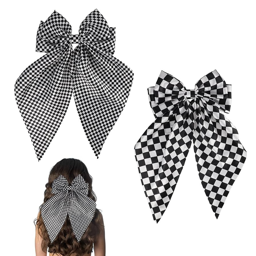 2 Pcs Checkered Hair Bow, Black White Checkerboard Checkered Hair Scrunchies with Long Tail, Can ... | Amazon (US)