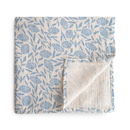 mushie Muslin Baby Swaddle Blanket | 100% Organic Cotton (Blue Flowers) | Amazon (US)