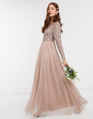 Maya Bridesmaid long sleeve v back maxi tulle dress with tonal delicate sequin in taupe blush | ASOS (Global)