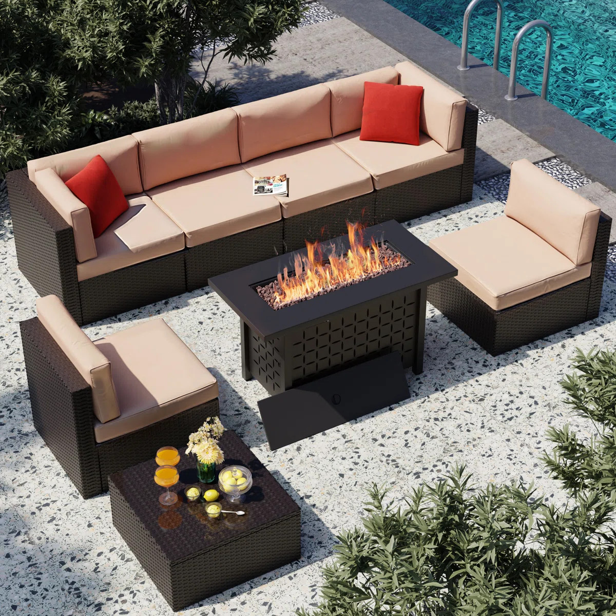 8-Piece Outdoor Rattan Patio Set with Fire Pit Table | Wayfair North America