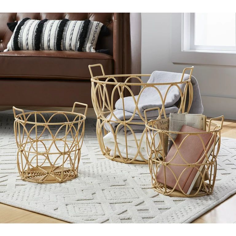Better Homes & Gardens Large Natural Poly Rattan Open Weave Round Basket | Walmart (US)
