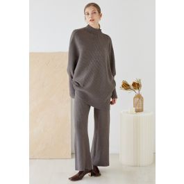 Asymmetric Batwing Sleeve Sweater and Pants Knit Set in Grey | Chicwish