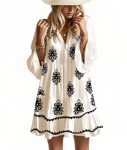 Opemiby Summer Dresses for Women 2026 Flowy Ruffle 3/4 Sleeve V Neck Tiered Casual Babydoll Boho ... | Amazon (US)