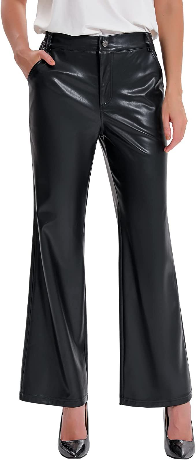 MCEDAR Women's Faux Leather Straight Leg Pants with Pockets Black High Waist Faux Leather Skinny ... | Amazon (US)