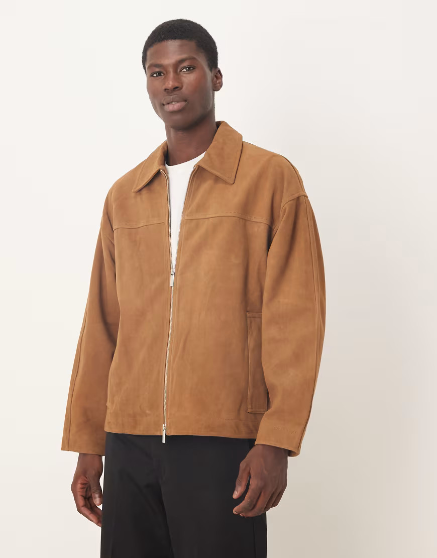 Selected 100% leather double zip suede jacket in light brown | ASOS (Global)