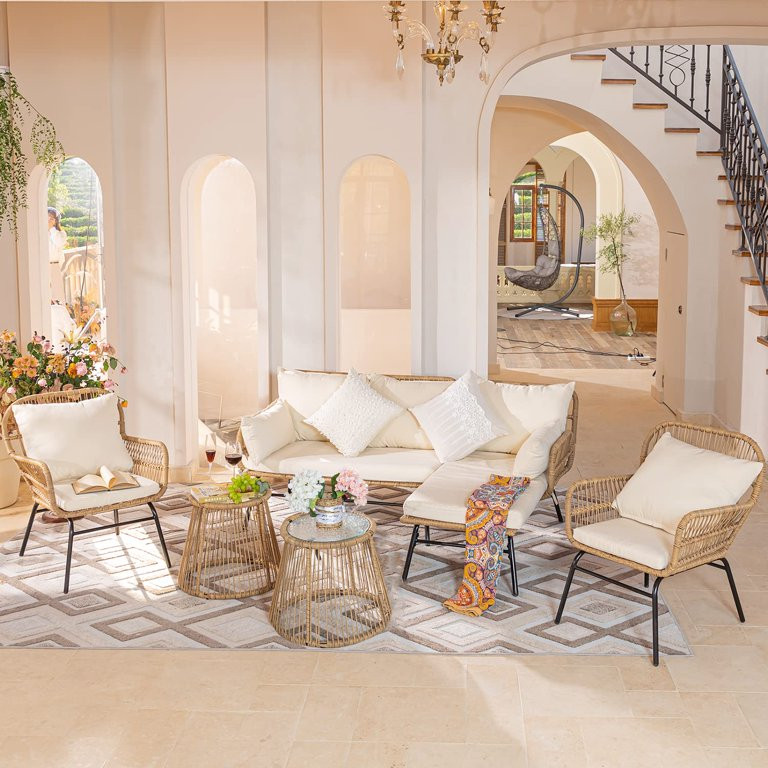 NICESOUL Boho Patio Wicker Furniture Outdoor Sectional Sofa Conversation Sets Beige Color | Walmart (US)