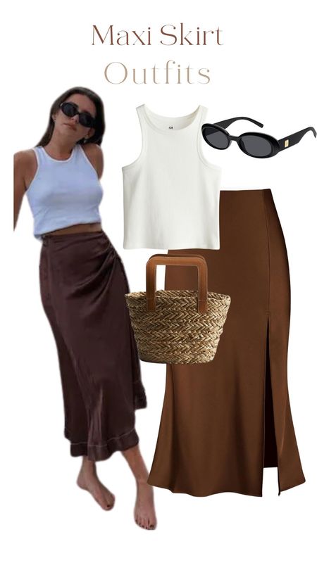 White tank top, brown satin skirt, summer outfits, maxi skirts, straw bag, long skirt 

#LTKfindsunder50 #LTKstyletip #LTKtravel