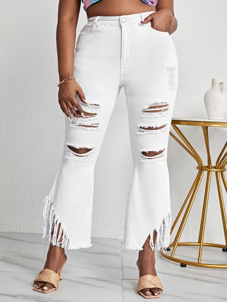 SHEIN SXY Plus Ripped Fringe Flare Jeans | SHEIN