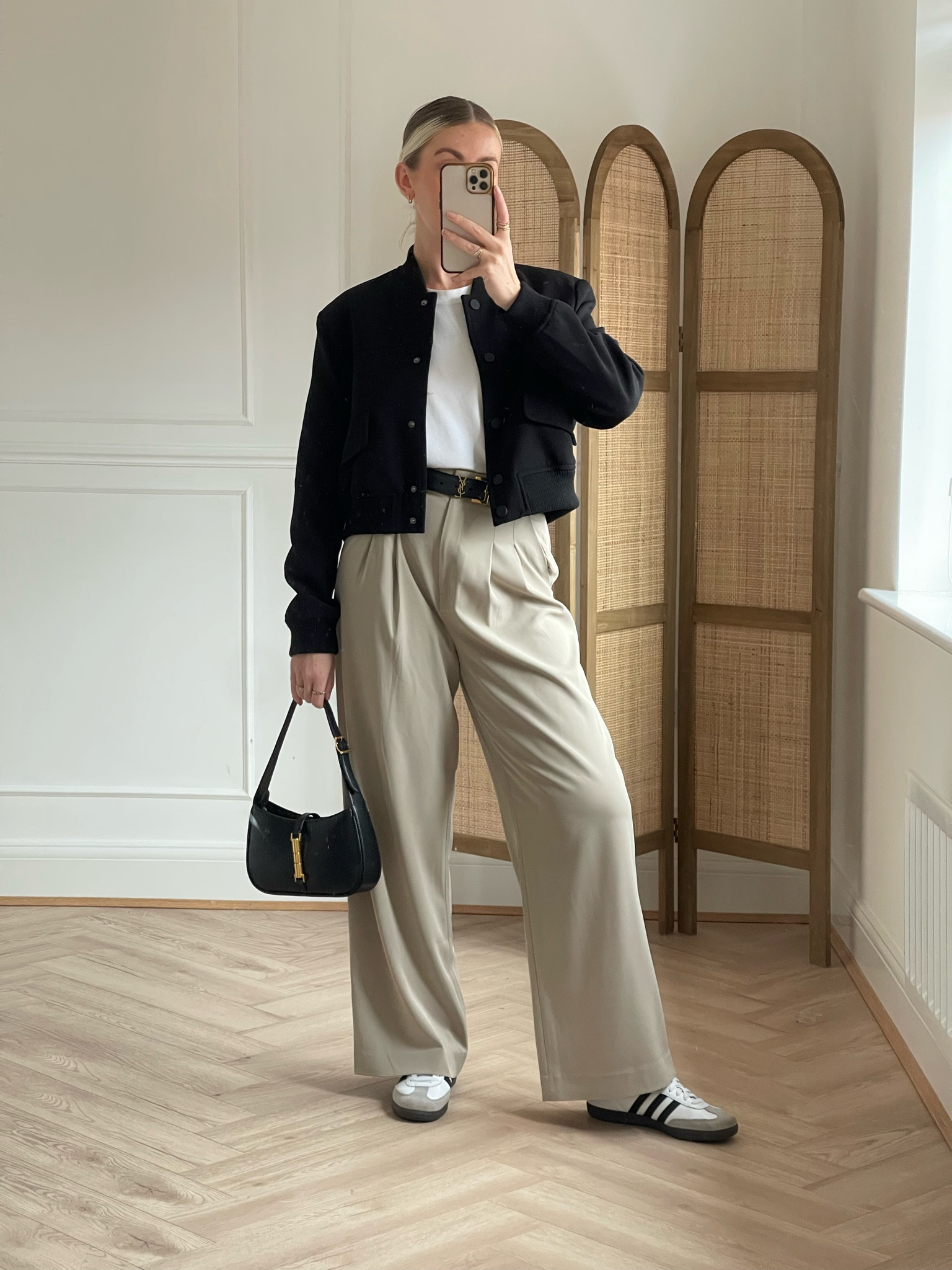 Adidas samba outfits: DAY THREE 

black bomber jacket, beige trousers, white T-shirt, black bag, adidas sambas, tailored trousers 

#LTKxadidas 

#LTKstyletip #LTKshoecrush