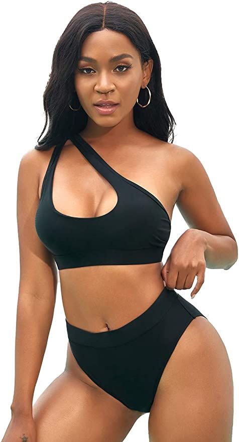 NAFLEAP Women's One Shoulder Sport Bikini Set High Waisted Cutout Swimsuit Crop Top Bathing Suit | Amazon (US)