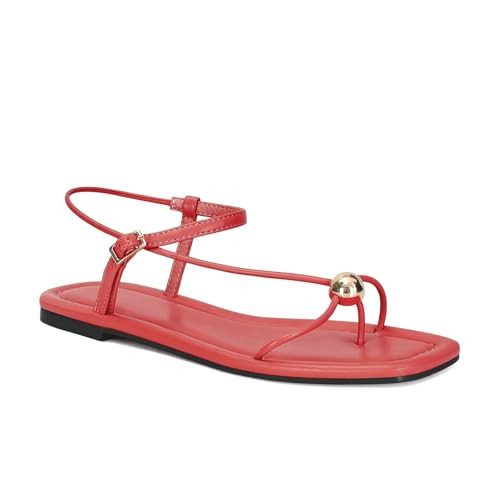 XBKXMK Red Strappy Flat Sandals for Women Comfortable Open Square Toe Slingback Sandals Dressy Beach Thong Flip Flop Slides Sandals | Amazon (US)
