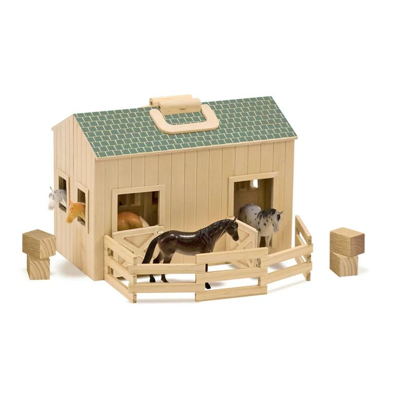 Melissa & Doug Fold and Go Wooden Horse Stable Dollhouse With Handle and Toy Horses (11 pcs) | Walmart (US)