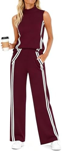 Casly Lamiit Womens 2 Piece Lounge Set Stripes Travel Outfits Sweatsuit Mock Neck Tank Top Wide L... | Amazon (US)