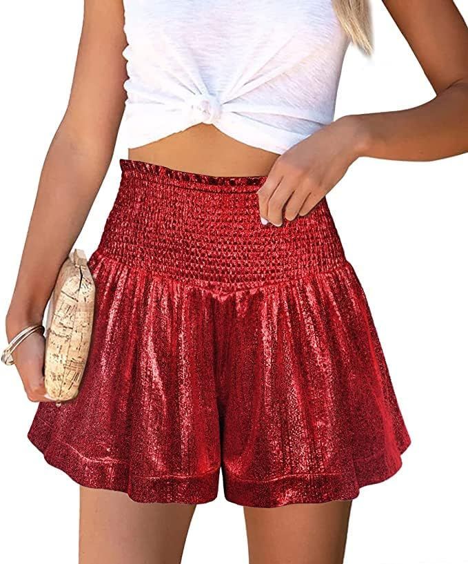 Mincib Women's Metallic Shorts Elastic High Waist Ruffle Flowy Shiny Sparkly Casual Loose Glitter... | Amazon (US)