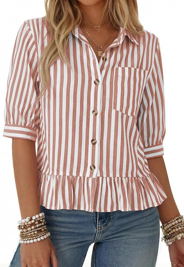 Dokotoo Cropped Button Down Striped Shirt 3/4 Length Sleeve Womens Tops Dressy Casual Blouses Bab... | Amazon (US)