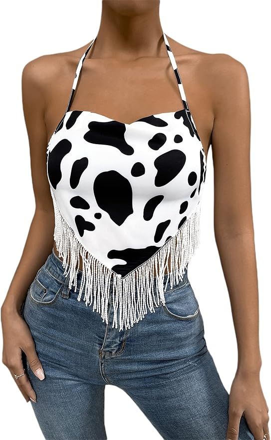 SheIn Women's Cow Print Sleeveless Halter Crop Top Fringe Trim Tie Backless Bandana Cami | Amazon (US)