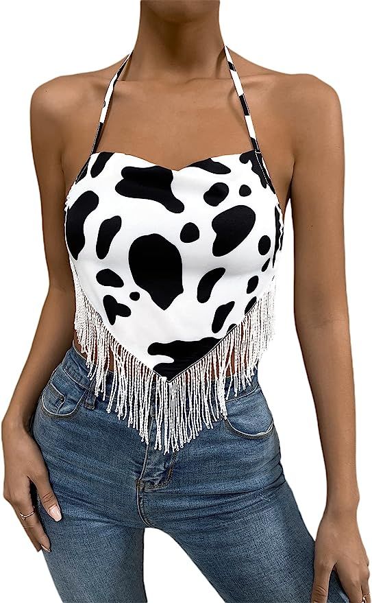 SheIn Women's Cow Print Sleeveless Halter Crop Top Fringe Trim Tie Backless Bandana Cami | Amazon (US)