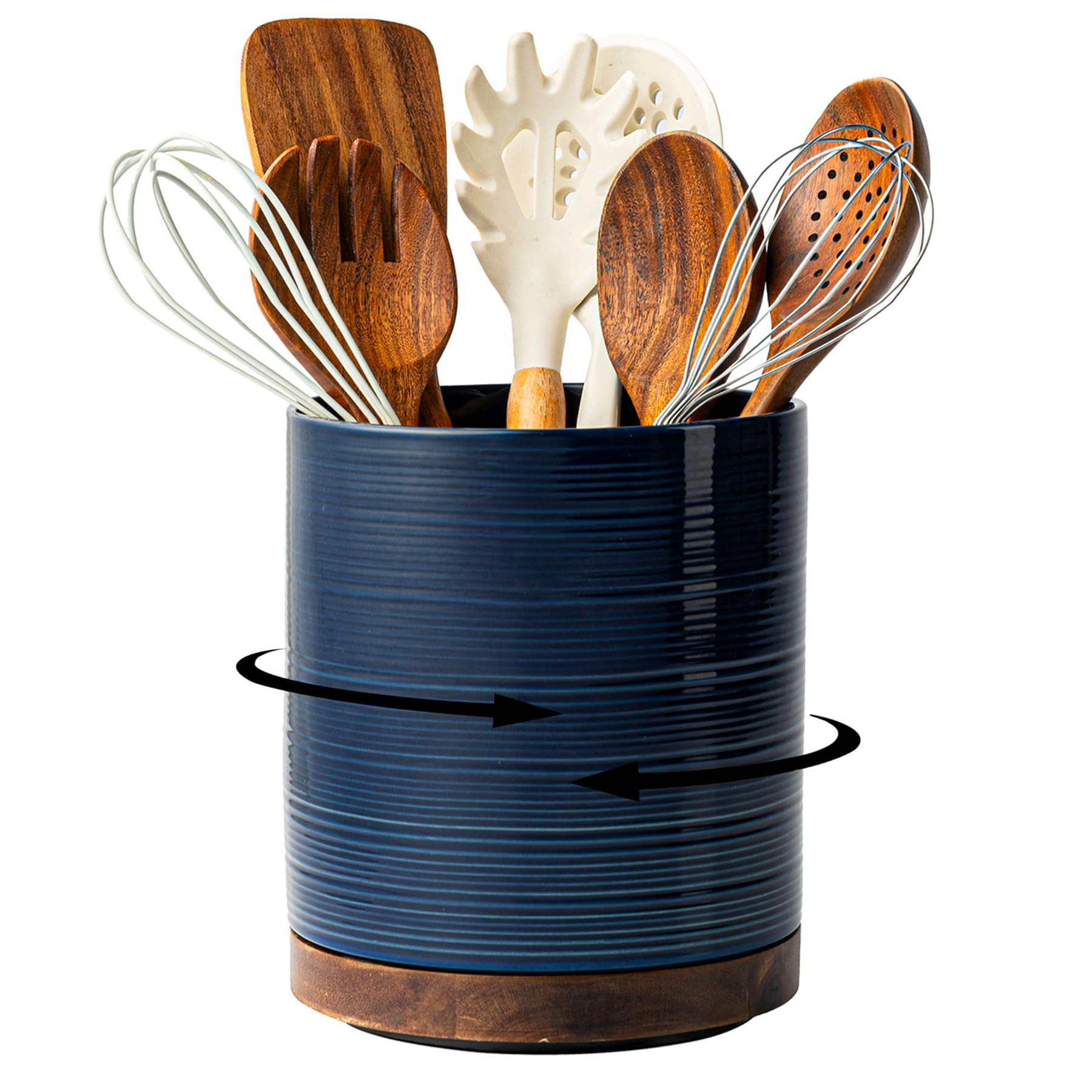 Utensil Holder, 360° Rotating Extra Large Ceramic Kitchen Utensil Holder for Countertop, 7.3“ Cooking Utensil Crocks for Kitchen Counter with Rotatable Wooden Base, Farmhouse Decor, Dark Blue | Amazon (US)