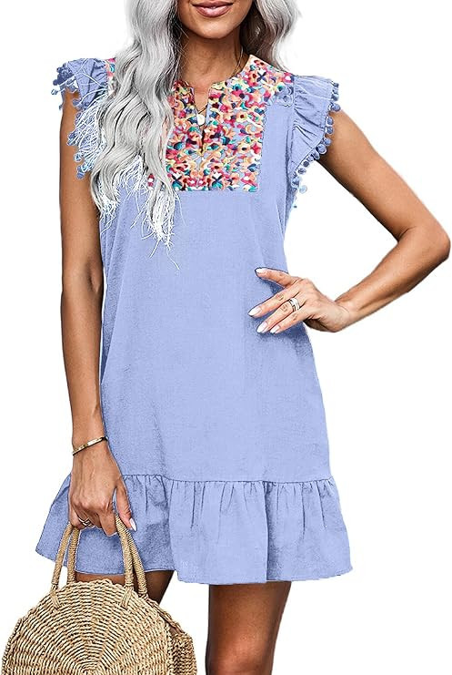 KIRUNDO Women's 2024 Summer Mini Dress Casual V Neck Floral Embroidered Ruffle Sleeveless Shift D... | Amazon (US)