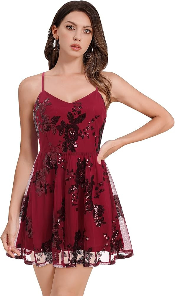 ODIZLI Women's Spaghetti Straps Sparkly Sequins A Line Swing Party Nightclub Dance Mini Dress Abo... | Amazon (US)