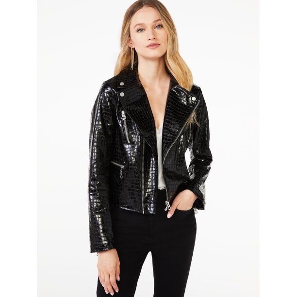 Scoop Women's Faux Leather Shine Croc Moto Jacket - Walmart.com | Walmart (US)