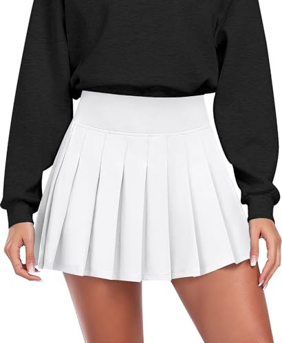 JoyGirl Womens Pleated Skirt with Shorts Tennis Skirt School Uniform Skirt Mini Skater Skirts Skorts with Pockets (White,Large) | Amazon (US)