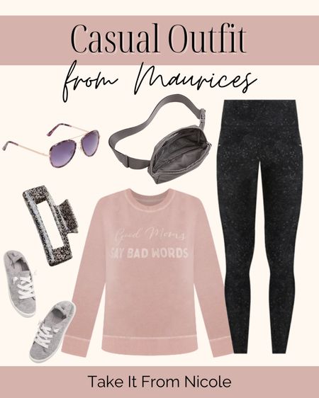 Casual outfit from Maurices! Items include a light pink graphic sweatshirt, black leggings, a grey belt bag Fanny pack, a black clip, a grey pair of tennis shoes, and aviators. Mom fashion, mom style, mom find  

#LTKunder100 #LTKstyletip #LTKFind