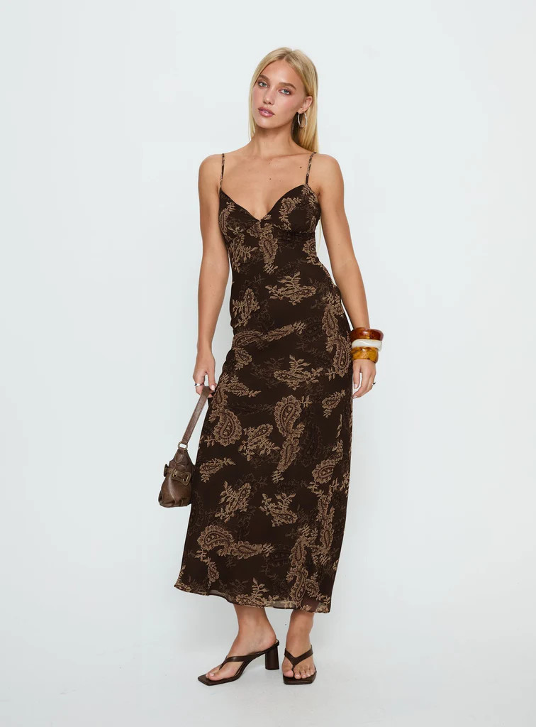 Jemimah V Neck Maxi Dress Brown Paisley | Princess Polly US
