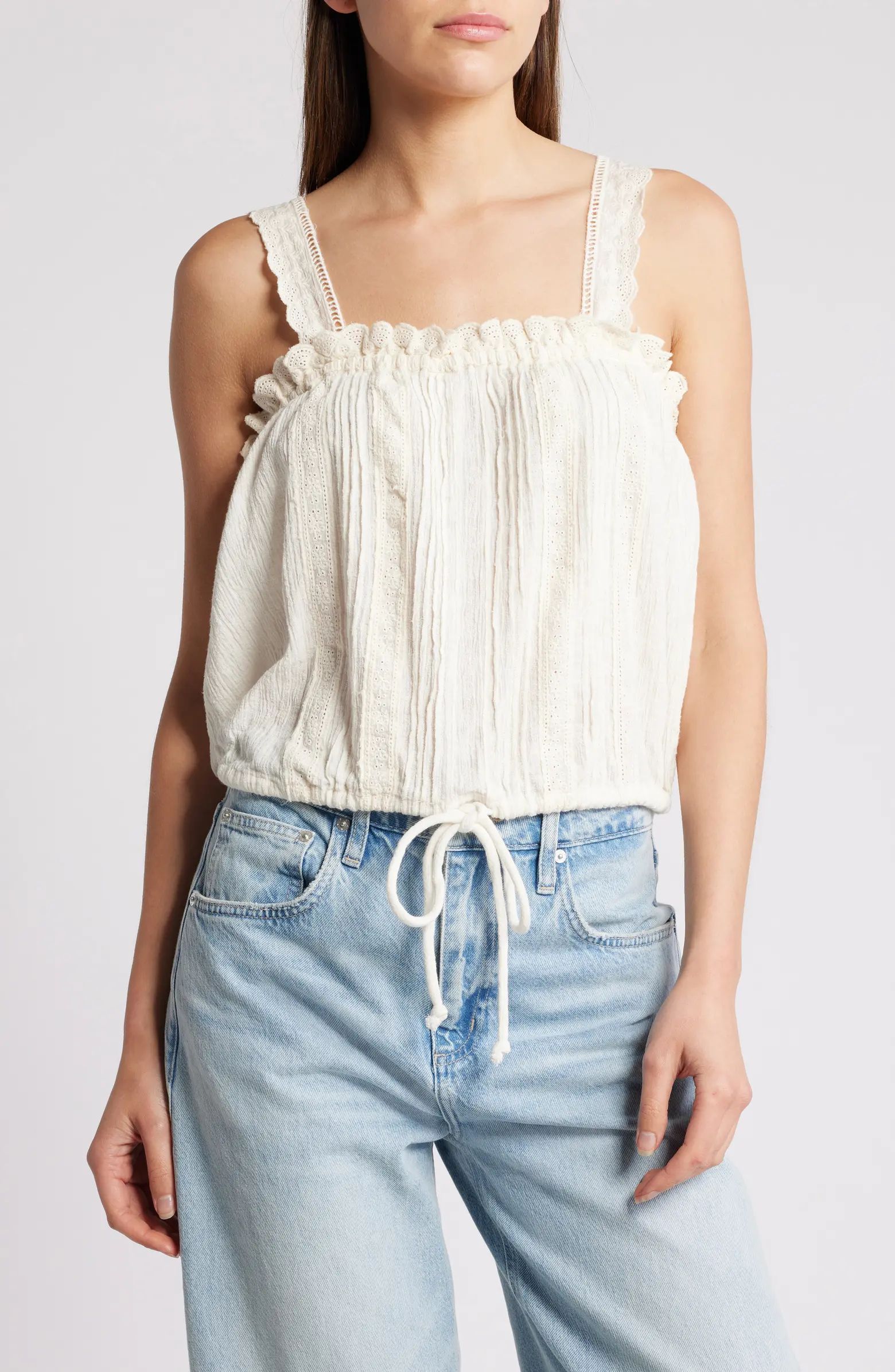 Because of You Cotton & Linen Drawstring Waist Camisole | Nordstrom