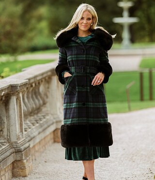 x Nicola Bathie Avery Wool Plaid Print Long Cuffed Sleeve Faux Fur Trimmed Belted Single Breasted... | Dillard's