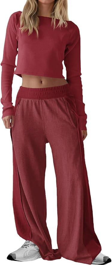Fisoew Womens 2 Piece Sets Casual Off The Shoulder Long Sleeve Crop Tops Wide Leg Pants Tracksuit... | Amazon (US)