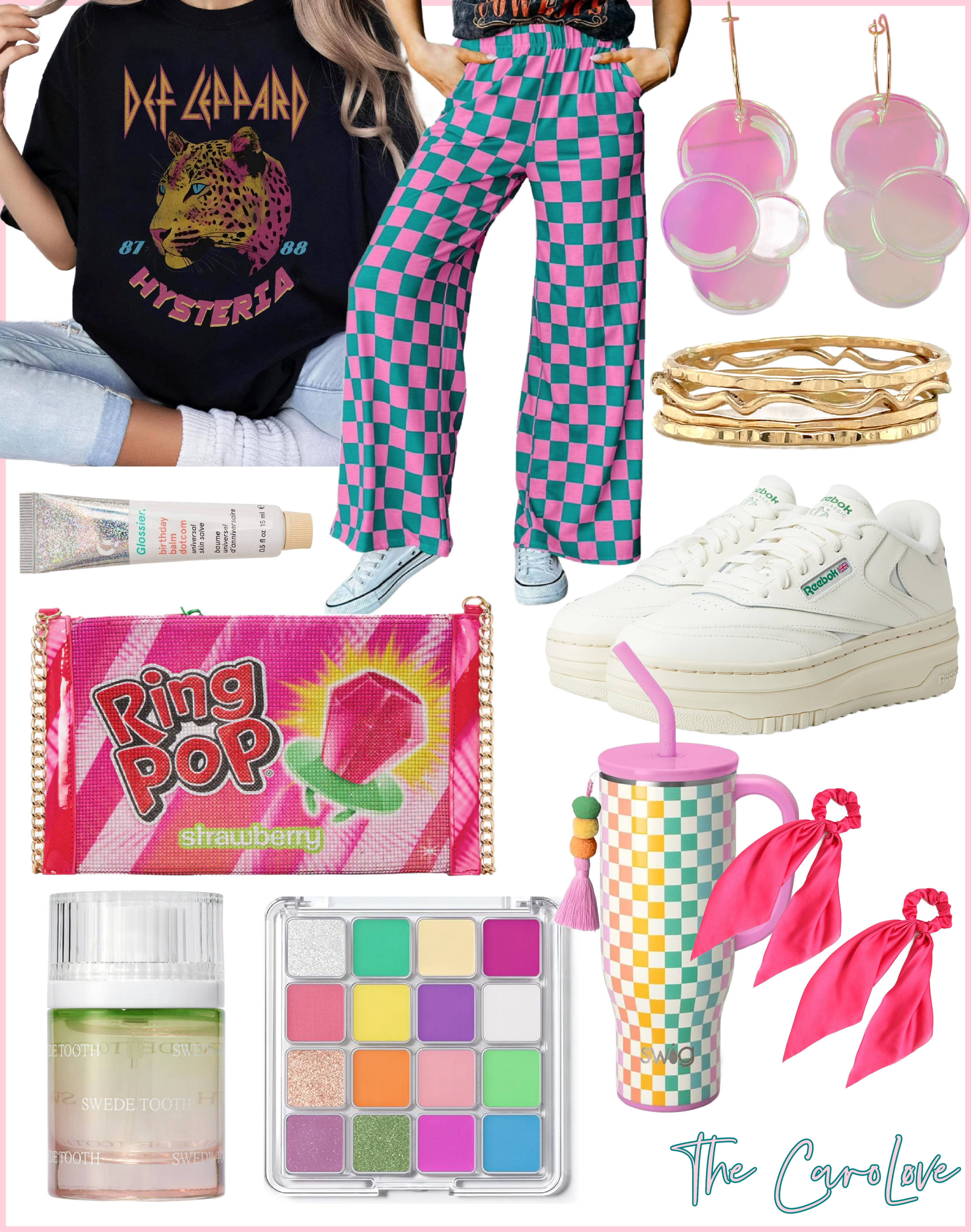Retro meets playful! 💗🖤 Shop my bold look: checkered pants, Def Leppard tee, Reebok Club C Extra, Ring Pop bag, iridescent earrings + more accessories that make this outfit pop! #LTKfashion #LTKstyle #streetstyle 

 #LTKStyleTip #LTKBeauty #LTKItBag