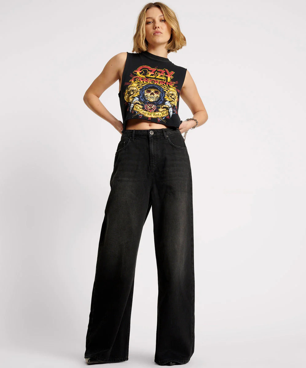 Love Machines Mid Waist Super Wide Leg Denim Jeans - Washed Black, 22 | OneTeaspoon