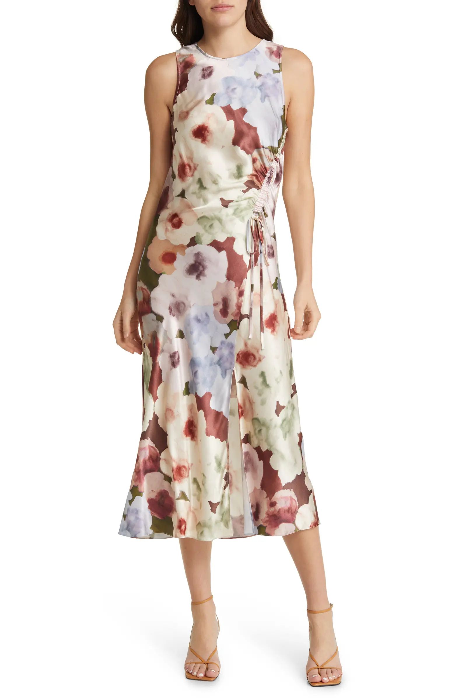 Gabriella Floral Ruched Satin Midi Dress | Nordstrom