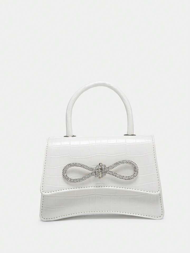 Mini Square Bag Rhinestone & Bow Decor Crocodile Embossed Top Handle Flap PU | SHEIN
