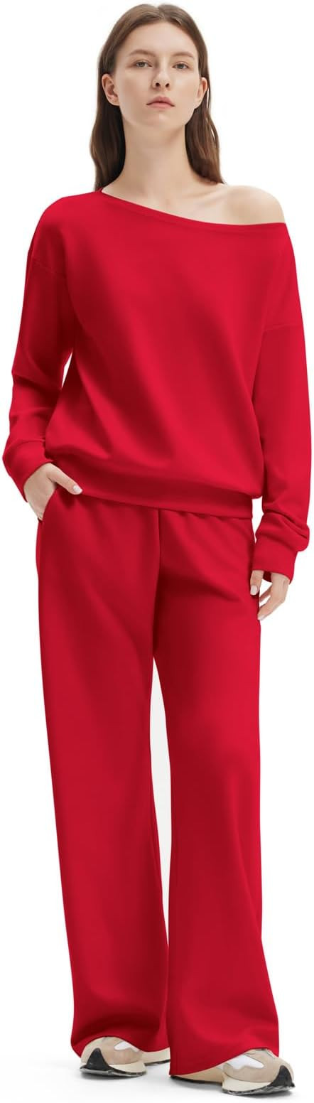SUUKSESS Women 2 Piece Lounge Matching Set Off Shoulder Sweatshirt Wide Leg Sweatpant | Amazon (US)