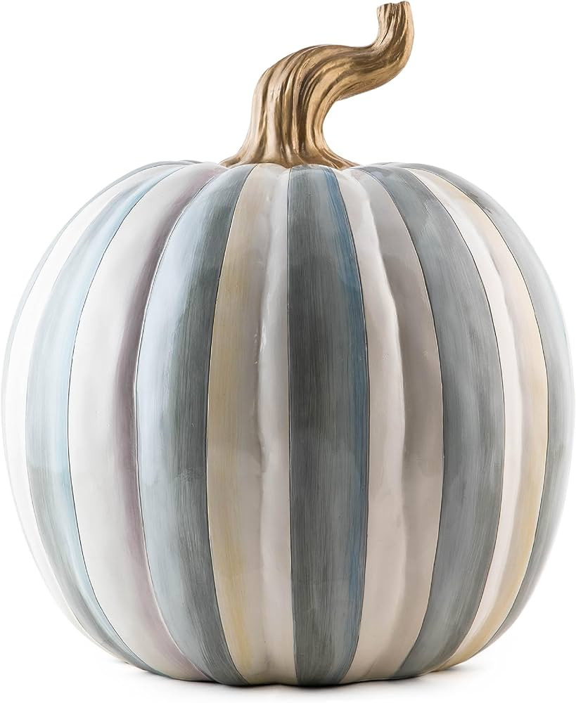 MACKENZIE-CHILDS Medium Pumpkin, Resin Halloween Home Decor, Gray-and-White Sterling Stripe | Amazon (US)