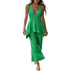 Amazon.com: Tankaneo Womens 2 Piece Knit Sets Summer Vacation Outfits Deep V Neck Flowy Tank Tops... | Amazon (US)