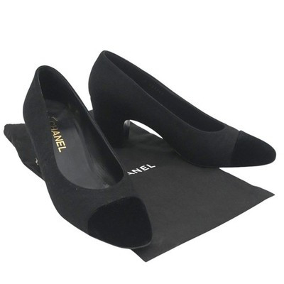 Chanel Black Wool Fabric Velvet Almond Toe Mid Heel Pumps Size 39.5 | eBay US